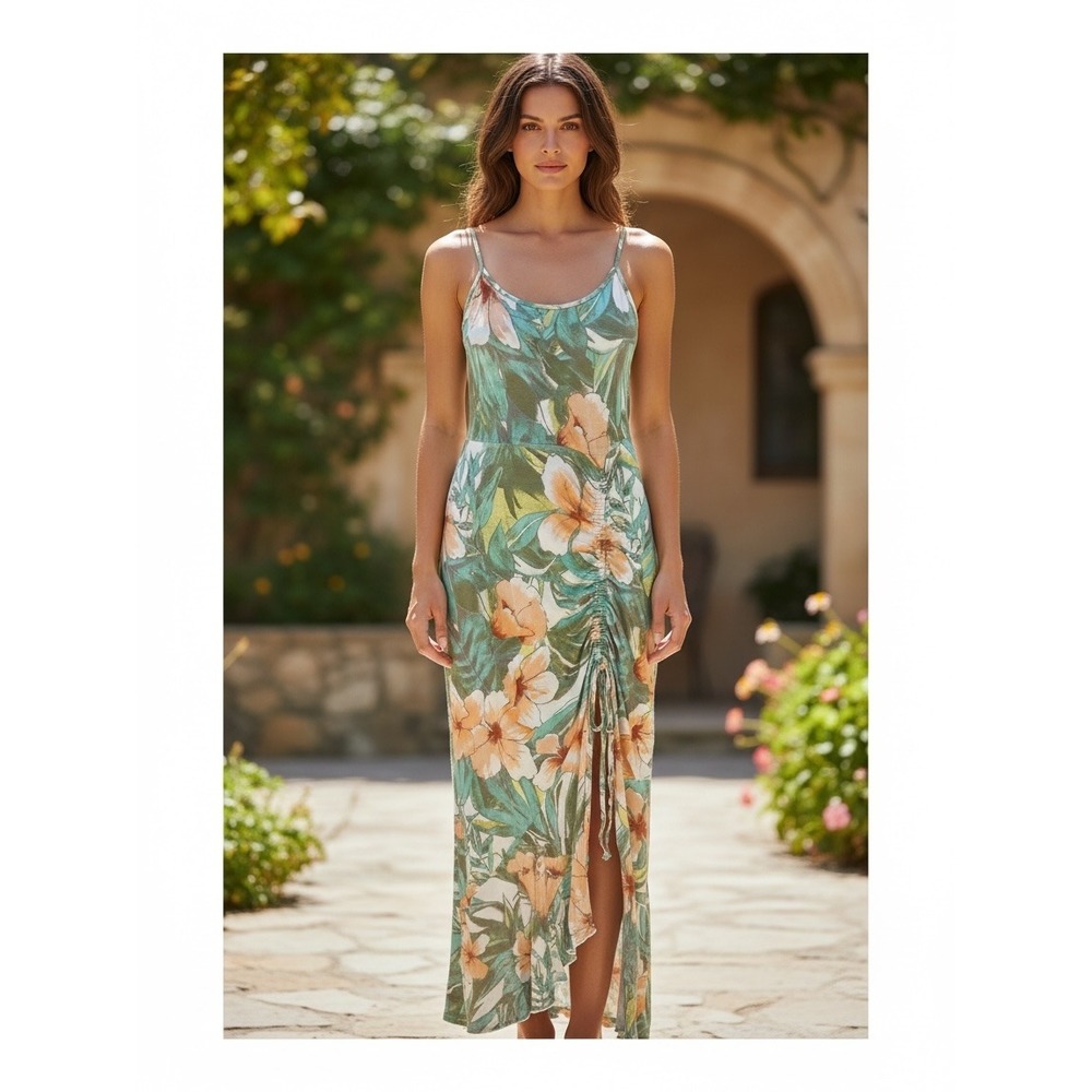 Volcom Tropical Floral Maxi Dress Womens Size Medium Green Peach Ruched